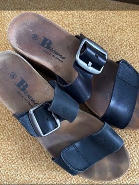 Browns Black Leather wedge Slide Sandals with Buckle